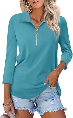 Minetom Women's V Neck 3/4 Sleeve Tops Quarter Zip Collared Shirts Polo Shirts Summer Tees in Saudi Arabia