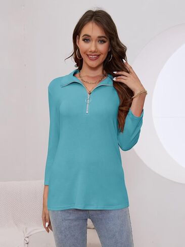Minetom Women's V Neck 3/4 Sleeve Tops Quarter Zip Collared Shirts Polo Shirts Summer Tees in Saudi Arabia