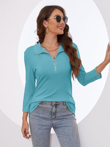 Minetom Women's V Neck 3/4 Sleeve Tops Quarter Zip Collared Shirts Polo Shirts Summer Tees in Saudi Arabia