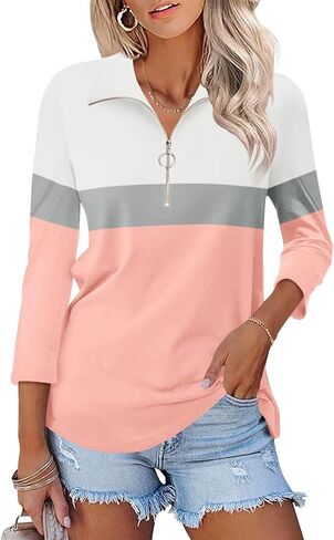 Minetom Women's V Neck 3/4 Sleeve Tops Quarter Zip Collared Shirts Polo Shirts Summer Tees in Saudi Arabia