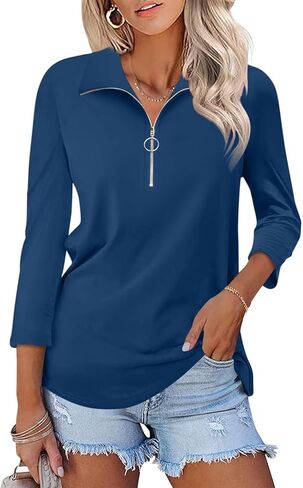 Minetom Women's V Neck 3/4 Sleeve Tops Quarter Zip Collared Shirts Polo Shirts Summer Tees in Kuwait