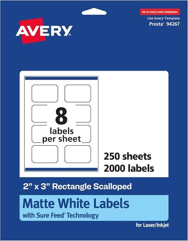 Avery Matte White Scalloped Rectangle Labels with Sure Feed, 2" x 3", 200 Matte White Printable Labels in Saudi Arabia
