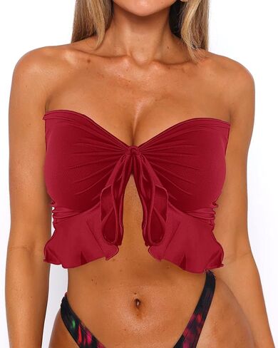 بيكيني نسائي بدون حمالات، ربطة عنق أمامية، بيكيني، ملابس سباحة، قطع علوية مكشكشة فقط in Kuwait