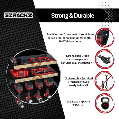 منظم أدوات الطاقة - أرفف تثبيت على الحائط لحامل المثقاب شديد التحمل، رف تخزين كبير لأدوات الطاقة، سعة 150 رطل، منظمة سقيفة المرآب، رف بطارية وشاحن، خيارات تركيب متعددة الاستخدامات. in Kuwait