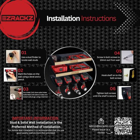 منظم أدوات الطاقة - أرفف تثبيت على الحائط لحامل المثقاب شديد التحمل، رف تخزين كبير لأدوات الطاقة، سعة 150 رطل، منظمة سقيفة المرآب، رف بطارية وشاحن، خيارات تركيب متعددة الاستخدامات. in Kuwait