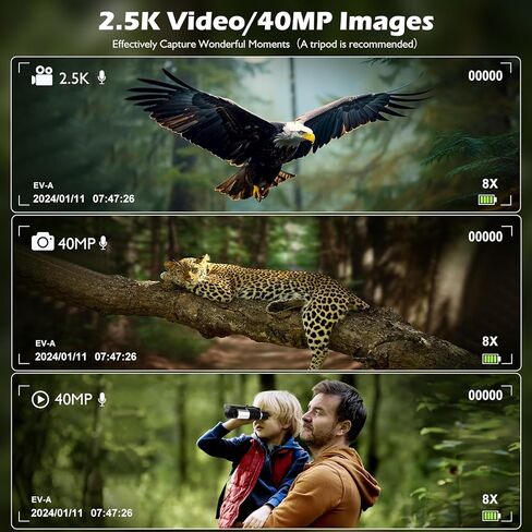 مناظير رقمية LCD مقاس 2 بوصة مع كاميرا 10X 40 ميجابكسل صور 2.5K فيديو مثالية لمشاهدة الطيور والمغامرات الخارجية وحفلات الألعاب الرياضية مع بطاقة SD سعة 32 جيجابايت in Kuwait