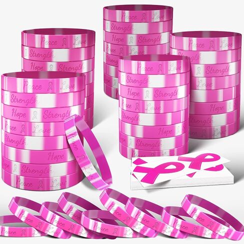 Combo of 50 Pcs Breast Cancer Awareness Bracelets Silicone Wristbands and 50 Pcs Die-cut Pink Ribbon Stickers, Breast Cancer Awareness Accessories Football Gear Gifts Fundraising Charity Giveaways in Saudi Arabia