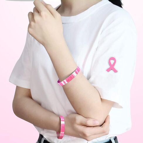 Combo of 50 Pcs Breast Cancer Awareness Bracelets Silicone Wristbands and 50 Pcs Die-cut Pink Ribbon Stickers, Breast Cancer Awareness Accessories Football Gear Gifts Fundraising Charity Giveaways in Saudi Arabia