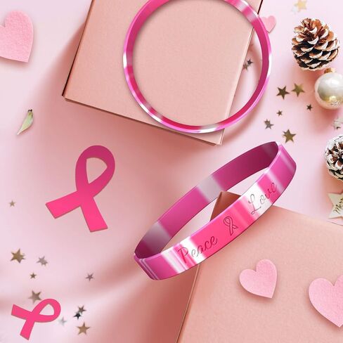Combo of 50 Pcs Breast Cancer Awareness Bracelets Silicone Wristbands and 50 Pcs Die-cut Pink Ribbon Stickers, Breast Cancer Awareness Accessories Football Gear Gifts Fundraising Charity Giveaways in Saudi Arabia