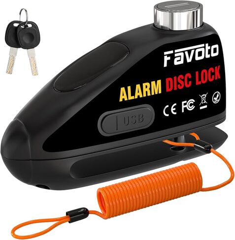 قفل فرامل قرص الدراجة النارية من Favoto قابل لإعادة الشحن عبر USB، تصميم شحن سريع 1.5 ساعة، وضع الاستعداد لمدة شهرين، إنذار ضد السرقة مقاوم للماء 110 ديسيبل، دبوس قفل 7 مم عالمي للدراجات النارية والدراجات الإلكترونية والدراجات البخارية in Kuwait