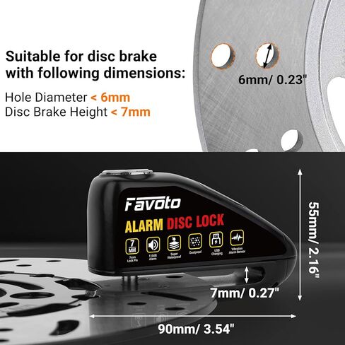 قفل فرامل قرص الدراجة النارية من Favoto قابل لإعادة الشحن عبر USB، تصميم شحن سريع 1.5 ساعة، وضع الاستعداد لمدة شهرين، إنذار ضد السرقة مقاوم للماء 110 ديسيبل، دبوس قفل 7 مم عالمي للدراجات النارية والدراجات الإلكترونية والدراجات البخارية in Kuwait