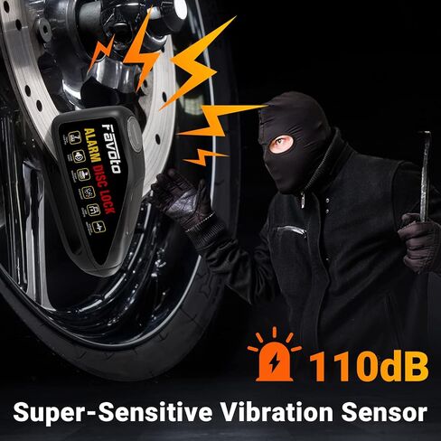قفل فرامل قرص الدراجة النارية من Favoto قابل لإعادة الشحن عبر USB، تصميم شحن سريع 1.5 ساعة، وضع الاستعداد لمدة شهرين، إنذار ضد السرقة مقاوم للماء 110 ديسيبل، دبوس قفل 7 مم عالمي للدراجات النارية والدراجات الإلكترونية والدراجات البخارية in Kuwait