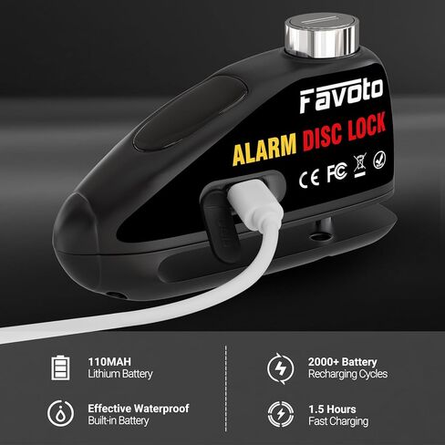 قفل فرامل قرص الدراجة النارية من Favoto قابل لإعادة الشحن عبر USB، تصميم شحن سريع 1.5 ساعة، وضع الاستعداد لمدة شهرين، إنذار ضد السرقة مقاوم للماء 110 ديسيبل، دبوس قفل 7 مم عالمي للدراجات النارية والدراجات الإلكترونية والدراجات البخارية in Kuwait