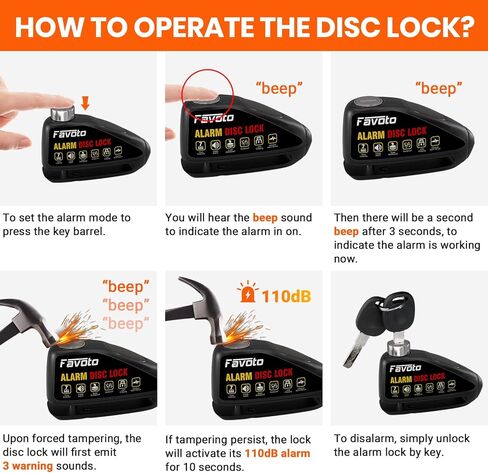 قفل فرامل قرص الدراجة النارية من Favoto قابل لإعادة الشحن عبر USB، تصميم شحن سريع 1.5 ساعة، وضع الاستعداد لمدة شهرين، إنذار ضد السرقة مقاوم للماء 110 ديسيبل، دبوس قفل 7 مم عالمي للدراجات النارية والدراجات الإلكترونية والدراجات البخارية in Kuwait