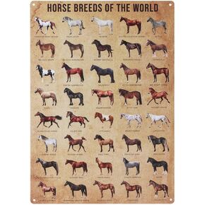 Harrison Howard Metal Tin 40 Horse Breeds of the World Metal Sign Poster for Stable Home Yard Vintage Educational Wall Art 11.8 * 15.8
