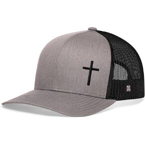 HAKA Embroidered Cross Trucker Hat for Men & Women, Black Baseball Cap, Mesh Snapback, Christian Jesus Cross Hat (Gray/Black)