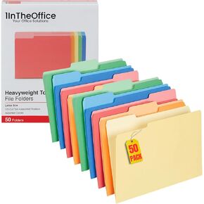 1InTheOffice Colored File Folders Letter Size, File Folders Heavy Duty 1/3 Cut Tab, Top-Tab 3 Tab, 5 Assorted Colors, 50/Pack