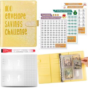 100 Envelopes Money Saving Challenge, Money Saving Budget Binder with Cash Envelopes, Motivational Process to Save $5050, Money Saving Binder 100 Pocket Pre-numbered, A5 Saving Challenge Book-Blue