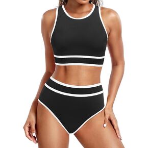 Womens High Waisted Bikini Set Two Piece Swimsuit High Neck Tops Bathing Suit Full Coverage Tummy Control Tankini