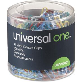 Universal UNV95001 Plastic-Coated #1 Paper Clips with One-Compartment Dispenser Tub - Assorted Colors (500/Pack)