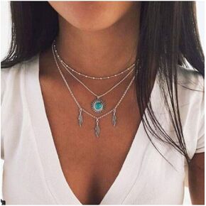 Moon Leaf Turquoise Necklace Boho Layered Hamsa Hand Pendant Necklace Crystal Hexagonal Necklace Crescent Leaf Turquoise Western Costume Jewelry for Women Girls