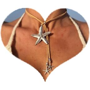 Boho Choker Necklace for Women Boho Layered Leather Choker Bohemian Long Circle Flower Starfish Necklaces Summer Beach Jewelry Gifts
