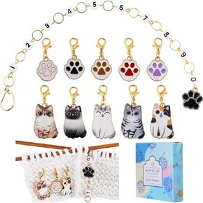SUNNYCLUE 11Pcs Stitch Markers Cat Crochet Markers Cute Paw Print Enamel Charms Gold Knitting Row Counter Chains Lobster Clasp Locking Metal Stitch Marker for Crocheting Weaving Sewing Quilting Adult