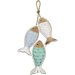 Nautical Hanging Wall Decor-2 Pieces Wooden Distress Vintage Handcrafted Fish Sculpture -Coastal Beach Net Relax Mediterranean Theme Bathroom/Livingroom/Patio Ornament-Home&Garden Decor