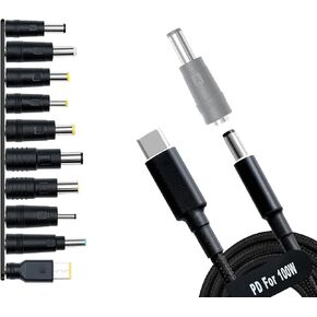 USB C to DC Adapters 10PCS Power Plug Kit, Universal Charger Supply 100W PD Power Cable & 5.5x2.1mm Round Barrel Jack for Sony Toshiba Samsung Acer Asus Lenovo Dell HP Laptop Charging Connector Tips