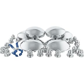 Complete Chrome Hub Covers for Semi Trucks, with 60 pcs Chrome Lug Nut Covers, Kit Include 2 Front Hub Covers and 4 Rear Hub Covers and 60 33mm Lug Nut Covers and 1 Lug Nut Covers Puller