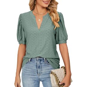BAISHENGGT Women's Summer Puff Sleeve Tops Dressy Casual Tunic Shirts Notch V Neck Cute Blouse