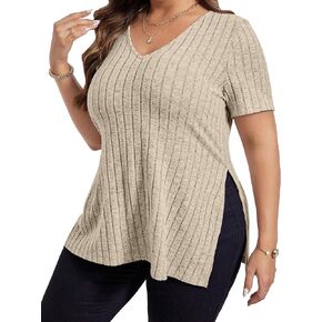 Womens Plus Size Tops Casual V Neck Short Sleeve Shirts Split Hem Blouses Summer 2XL-5XL