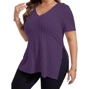 Womens Plus Size Tops Casual V Neck Short Sleeve Shirts Split Hem Blouses Summer 2XL-5XL