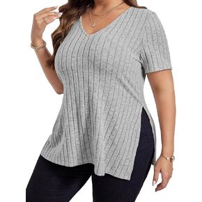 قمصان نسائية بمقاسات كبيرة كاجوال بياقة على شكل V وأكمام قصيرة، بلوزات بحاشية مقسمة، بلوزات صيفية 2XL-5XL in Kuwait