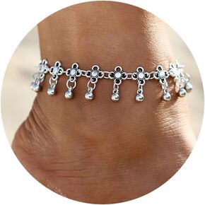 14K Gold Flower Ankle Bracelets for Women Waterproof Silver Plus Size Large Vintage Boho Indian Non Tarnish Anklets Beach Cute Chunky Cuban Friendship Dainty Charm Adjustable Anklets