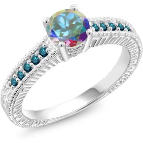 Gem Stone King 925 Sterling Silver Mercury Mist Mystic Topaz and Blue Diamond Engagement Ring For Women | 1.17 Cttw | Round 6MM | Gemstone Birthstone | Size 5,6,7,8,9