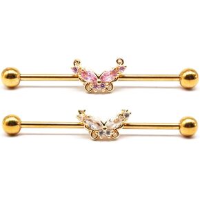 14G Stainless Steel Industrial Barbell Earrings Long Bar Butterfly Industrial Piercing Jewelry for Women Mens Cartilage Body Retainer 2Pcs