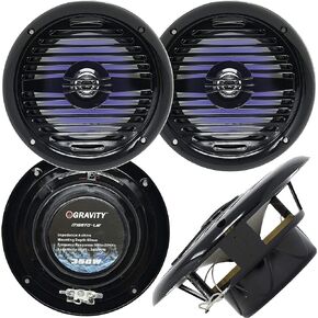 Gravity Marine Speakers - 6.5 Inch 2 Way Waterproof and Weather Resistant Outdoor Audio Stereo Sound System with LED Lights, 350 Watt Power and Low Profile Slim Style - 1 Pair - MG670 (Black)