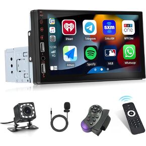 ستيريو سيارة CamECHO مقاس 7 بوصات مع CarPlay سلكي/Android Auto/Mirror Link، مستقبل راديو بشاشة لمس 1 din مع كاميرا احتياطية بلوتوث 5.1 بدون استخدام اليدين، EQ FM USB SWC Mic مستقبل صوت السيارة 1 Din in Kuwait