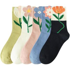 Womens Cute Cotton Crew Socks for Women and Girls, 5 Pairs Flower Socks for Sports and Daily Wear