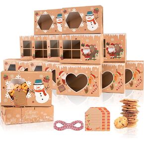 OWill 12 Pack Christmas Cookie Boxes for Gift Giving,Holiday Bakery Cupcake Boxes with Window,Christmas Eve Pastry Boxes with Ribbons and Tags for Xmas Party Supplies cookie containers treat boxes
