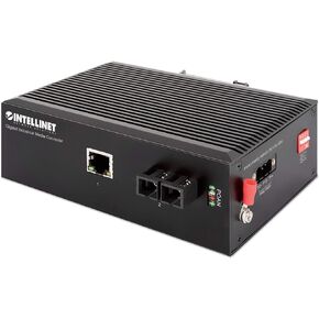 Intellinet Single Mode SC Gigabit Ethernet Fiber Media Converter, Autonegotiation, 10/100/1000Base-TX to 1000Base-LX, 12.4 mi, IP40-rated, DIN-Rail, 2 DC inputs, 1310nm, 3 Yr Mfg Warranty, 508346