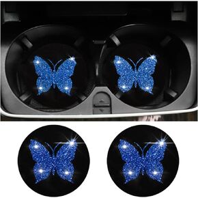 BESULEN Butterfly Car Coasters, 2 Pack Universal 2.75 Inch Anti Slip Insert Cup Holder Coasters, Bling Diamond Drink Cup Mug Mat Pad for Women, Pretty Decorations Car Interior Accessories