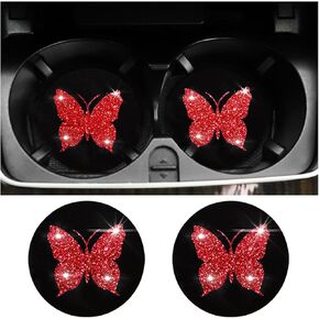 BESULEN Butterfly Car Coasters, 2 Pack Universal 2.75 Inch Anti Slip Insert Cup Holder Coasters, Bling Diamond Drink Cup Mug Mat Pad for Women, Pretty Decorations Car Interior Accessories