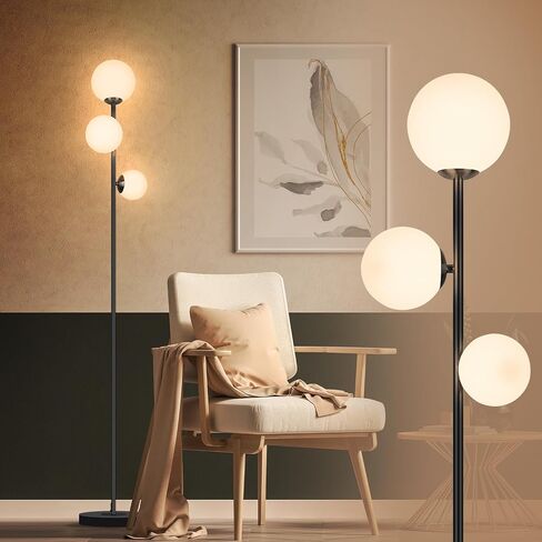 3 Globe Vintage Floor Lamp - 3 Color Options Moderm Floor Lamps for Living Room, Mid Century Standing lamp Home Decor for Bedrooms Office(Gold-Black, LED Bulbs Included) in Saudi Arabia