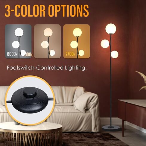 3 Globe Vintage Floor Lamp - 3 Color Options Moderm Floor Lamps for Living Room, Mid Century Standing lamp Home Decor for Bedrooms Office(Gold-Black, LED Bulbs Included) in Saudi Arabia