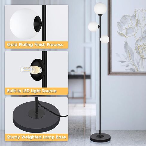 3 Globe Vintage Floor Lamp - 3 Color Options Moderm Floor Lamps for Living Room, Mid Century Standing lamp Home Decor for Bedrooms Office(Gold-Black, LED Bulbs Included) in Saudi Arabia