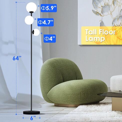 3 Globe Vintage Floor Lamp - 3 Color Options Moderm Floor Lamps for Living Room, Mid Century Standing lamp Home Decor for Bedrooms Office(Gold-Black, LED Bulbs Included) in Saudi Arabia
