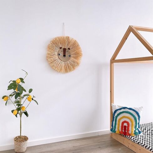 15.7 inch Wall Art Animal Head Hand Knitted Hanging,Cotton Thread Weaving Straw Cartoon Tassel Beard Lion Tiger Macrame Pendant Nursery Room Wall Decor for Home Decoration in Kuwait
