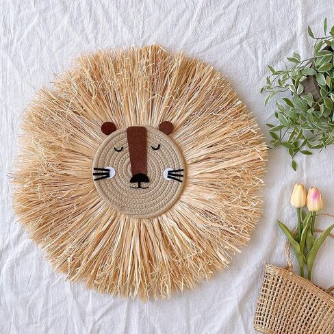 15.7 inch Wall Art Animal Head Hand Knitted Hanging,Cotton Thread Weaving Straw Cartoon Tassel Beard Lion Tiger Macrame Pendant Nursery Room Wall Decor for Home Decoration in Kuwait
